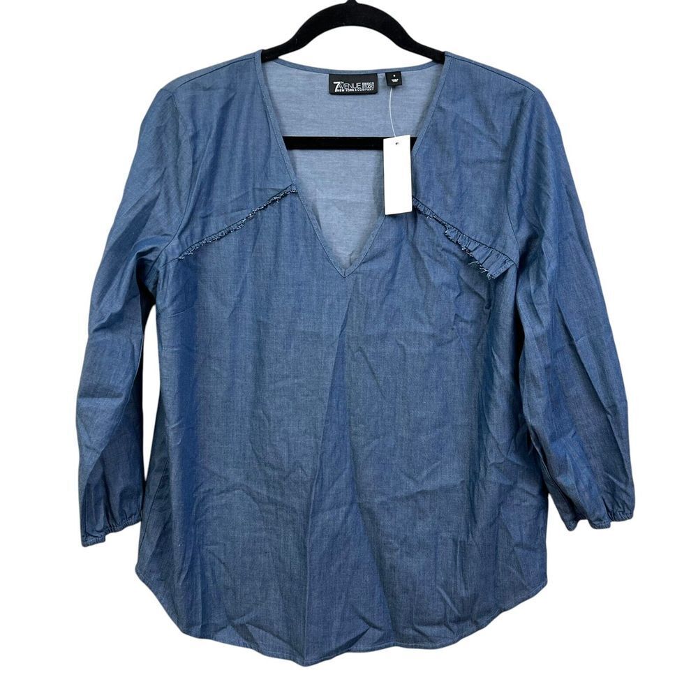 New York & Co 7th Avenue Womens Tunic Blouse Top V Neck Long Sleeve Blue Size S*